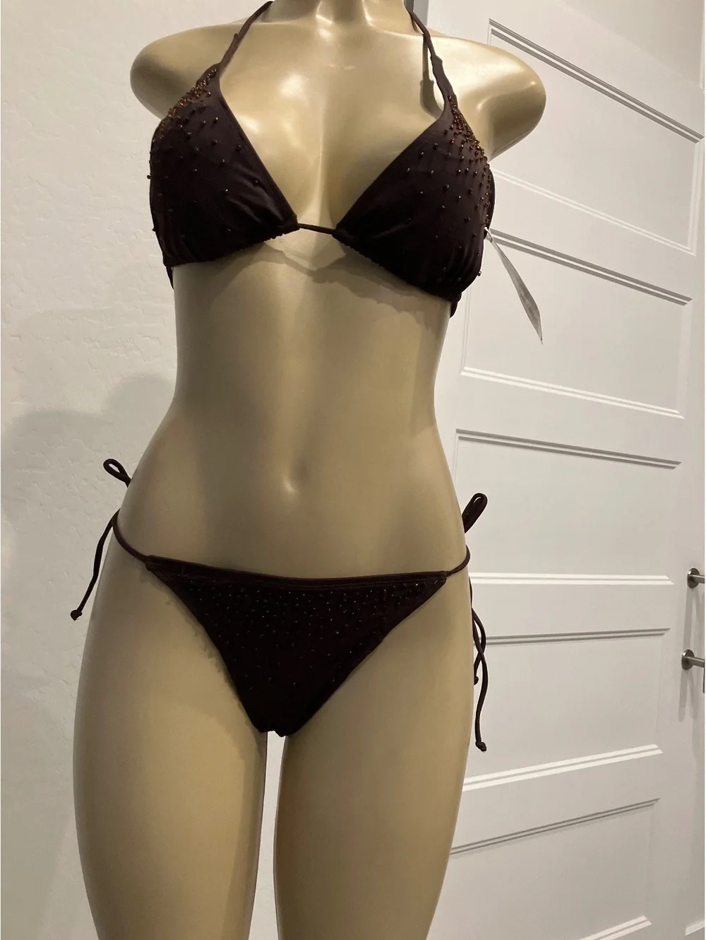NWT H&M Brown Beaded Triangle String Bikini Set - Adjustable